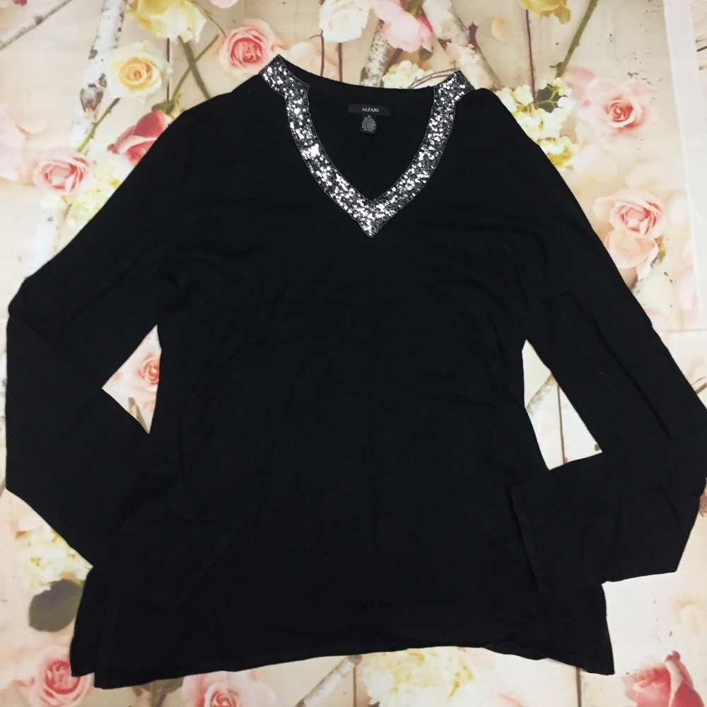 Alfani SZ XL Black V-Neck Silver Sequin Sweater